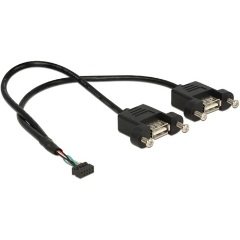 Delock USB-A Pinheader 9pin -> 2db USB-A 2.0 F/F adatkábel 0.25m fekete panel-mount
