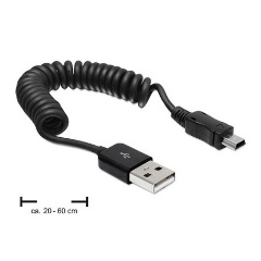 Delock USB-A 2.0 -> USB-B 2.0 mini 5pin M/M adatkábel fekete spirál, 20-60cm