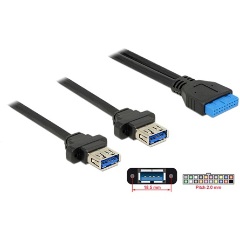 Delock USB-A 3.0 pinheader 19pin -> 2db USB-A 3.0 F/F adatkábel 0.8m fekete panel mount
