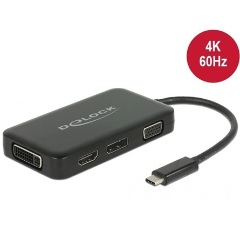 Delock USB-C -> VGA HDMI Displayport DVI-D M/F adapter 0.15m fekete