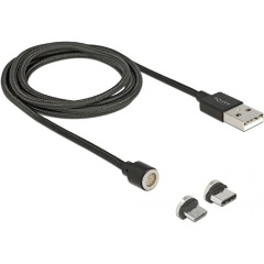 Delock USB-A 2.0 -> USB-C USB-B 2.0 micro M/M töltőkábel 1.1m fekete mágneses