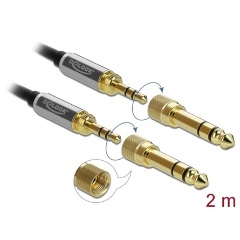 Delock Jack stereo 3,5mm (3pin) -> Jack stereo 3,5mm (3pin) M/M audio kábel 2m fekete 6,35mm-es adapterrel