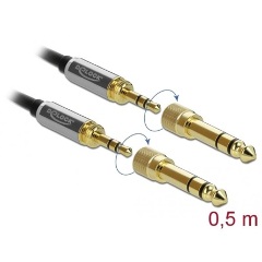 Delock Jack stereo 3,5mm (3pin) -> Jack stereo 3,5mm (3pin) M/M audio kábel 0.5m fekete 6,35mm-es adapterrel