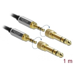 Delock Jack stereo 3,5mm (3pin) -> Jack stereo 3,5mm (3pin) M/M audio kábel 1m fekete 6,35mm-es adapterrel