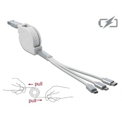 Delock 3 az 1-ben visszahúzható USB-A 2.0 -> Lightning USB-C USB-B 2.0 micro M/M töltőkábel 1m fehér