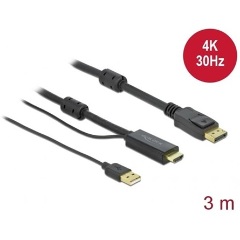 Delock HDMI 1.4 USB A power -> DisplayPort 1.2 M/M aktív video kábel 3m fekete