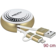 Delock USB-A 2.0 -> USB-B 2.0 micro Lightning M/M adatkábel 0.46m fehér-arany visszahúzható