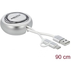 Delock USB-A 2.0 -> USB-B 2.0 micro USB-C M/M adatkábel 0.46m fehér-ezüst visszahúzható