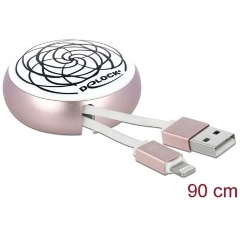 Delock USB-A 2.0 -> Lightning M/M adatkábel 0.46m fehér-rózsaszín visszahúzható