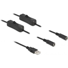 Delock USB-A 2.0 -> 2db DC 5.5 x 2.1mm M/F tápkábel 1m fekete kapcsolóval