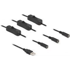 Delock USB-A 2.0 -> 3db DC 5.5 x 2.1mm M/F tápkábel 1m fekete kapcsolóval