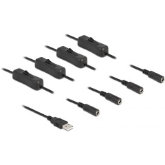 Delock USB-A 2.0 -> 4db DC 5.5 x 2.1mm M/F tápkábel 1m fekete kapcsolóval