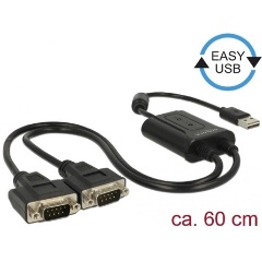 Delock USB-A 2.0 -> 2db Serial RS-232 DB9 M/M adatkábel 0.6m fekete