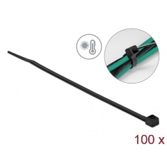 Delock Kábelkötöző ellenáll a forró hőmérsékletnek hossza 150 x szélessége 3,6 mm, 100 db. Fekete