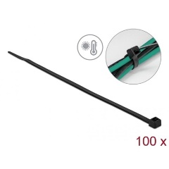 Delock Kábelkötöző ellenáll a forró hőmérsékletnek hossza 380 x szélessége 4,8 mm, 100 db. Fekete