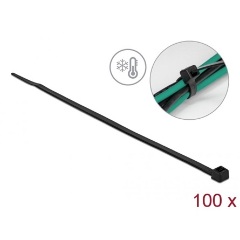 Delock Kábelkötöző ellenáll a hideg hőmérsékletnek hossza 380 x szélessége 4,8 mm, 100 db. Fekete