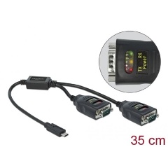 Delock USB-C -> 2db Serial RS-232 DB9 M/M adapter 0.35m fekete 15kV ESD védelemmel