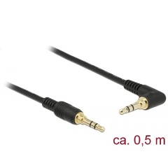 Delock Jack stereo 3,5mm (3pin) -> Jack stereo 3,5mm (3pin) M/M audio kábel 0.5m fekete egyenes/90°