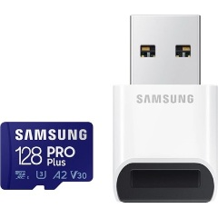 Samsung 128GB Pro Plus UHS-1 U3 V30 A2 microSDXC memóriakártya + kártyaolvasó BOX fehér-kék