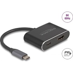 Delock USB-C -> HDMI 2.1 USB-C M/F adapter 0.1m fekete DP Alt Mode, Power Delivery 100W