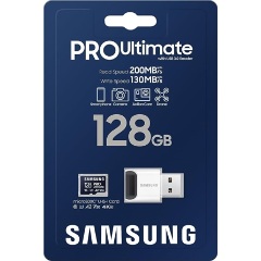 Samsung 128GB PRO Ultimate UHS-1 Class10 U3 V30 A2 vízálló ütésálló microSDXC memóriakártya + kártyaolvasó BOX fehér