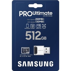 Samsung 512GB PRO Ultimate UHS-1 Class10 U3 V30 A2 vízálló ütésálló microSDXC memóriakártya + kártyaolvasó BOX fehér