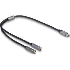 Delock USB-C -> 2db Jack stereo 3,5mm (3pin) M/F adapter 0.4m fekete-szürke DAC 24Bit/96kHz, Hi-Res