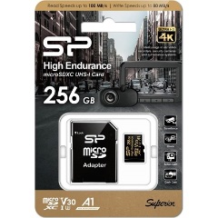 Silicon Power 256GB Golden Series High Endurance UHS-1 Class10 U3 V30 A1 vízálló ütésálló microSDXC memóriakártya BOX fe
