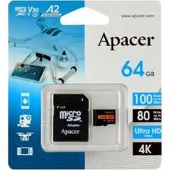 Apacer 64GB (+adapter) UHS-1 U3  V30 A2 microSDXC memóriakártya BOX fekete