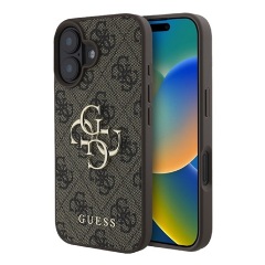 iPhone 16 5G GUESS 4G BIG LOGO szilikon telefonvédő ütésállóság, bőr hatású hátlap, BARNA
