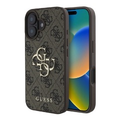 iPhone 16 Plus 5G GUESS 4G BIG LOGO szilikon telefonvédő ütésállóság, bőr hatású hátlap, BARNA