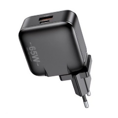 AWEI PD55-EU hálózati töltő USB+Type-C aljzat 65W, PD gyorstöltő, FEKETE