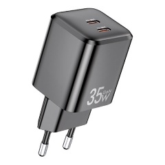 AWEI PD65-EU hálózati töltő 2 Type-C aljzat 35W, PD gyorstöltő, FEKETE