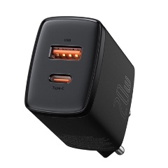 BASEUS COMPACT hálózati töltő USB+Type-C aljzat 20W, PD gyorstöltő 3.0, FEKETE