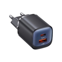 USAMS CC254 hálózati töltő USB+Type-C aljzat 30W, PD gyorstöltő, FEKETE