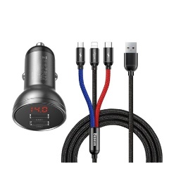 BASEUS autós töltő 2 USB aljzat 24W, LED kijelző + lightning/microUSB/Type-C kábel, SZÜRKE