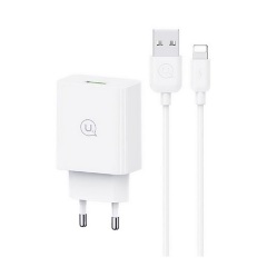 USAMS SC hálózati töltő USB aljzat 18W, PD gyorstöltő 3.0 + lightning kábel, FEHÉR