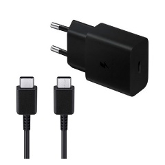 SAMSUNG hálózati töltő Type-C aljzat (15W, gyorstöltő + Type-C kábel) FEKETE (Gigapack csomagolás)