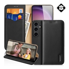 Samsung S24 5G DUX DUCIS HIVO tok álló, valódi bőr FLIP, RFID, FEKETE