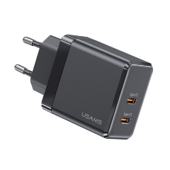 USAMS T54 hálózati töltő 2 Type-C aljzat 40W, PD gyorstöltő, FEKETE