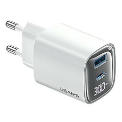 USAMS CC229 hálózati töltő USB+Type-C aljzat 30W, LED kijelző, FEHÉR