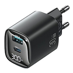 USAMS CC229 hálózati töltő USB+Type-C aljzat 30W, LED kijelző, FEKETE