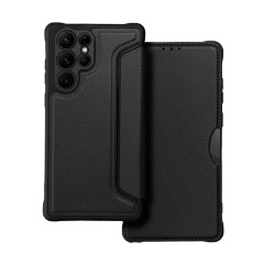 Samsung S22 Ultra 5G Gigapack tok álló, bőr hatású FLIP, karbon minta, FEKETE