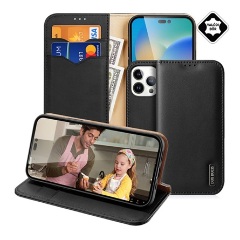 iPhone 14 Pro Max DUX DUCIS HIVO tok álló, valódi bőr FLIP, RFID, FEKETE