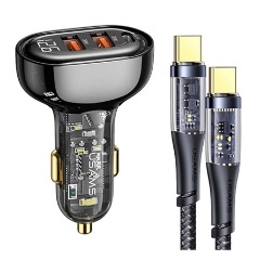 USAMS autós töltő 2 USB+Type-C aljzat 80W, gyorstöltő + Type-C kábel, FEKETE