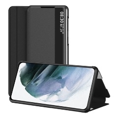 Samsung S23 Gigapack tok álló, bőr hatású FLIP, ablakos, FEKETE