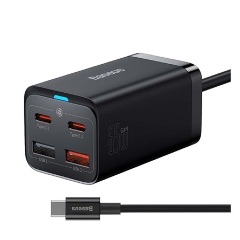 BASEUS hálózati töltő 2 USB+2 Type-C aljzat 65W, PD gyorstöltő 4.0 + Type-C - Type-C kábel, FEKETE