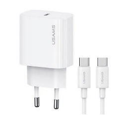 USAMS T65 hálózati töltő Type-C aljzat 20W, PD gyorstöltő + Type-C kábel, FEHÉR
