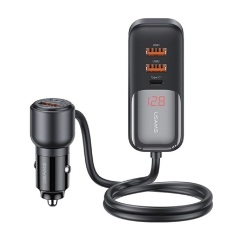 USAMS C40 autós töltő 3 USB+2 Type-C aljzat 165W, LED kijelző + 1.5m hosszabbító, FEKETE