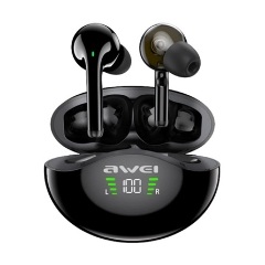 AWEI T12P Bluetooth fülhallgató SZTEREO v5.1, LED kijelző + töltőtok, FEKETE